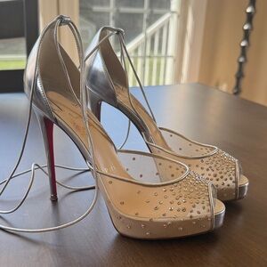 Silver Mesh Peep-Toe High Heels with Rhinestones